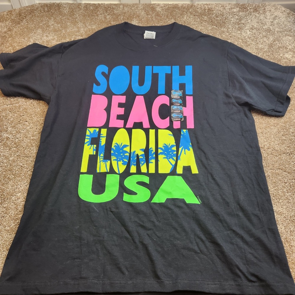 Jerzees South Beach Florida USA Graphic T-Shirt Mens L VTG Black Neon Souvenir